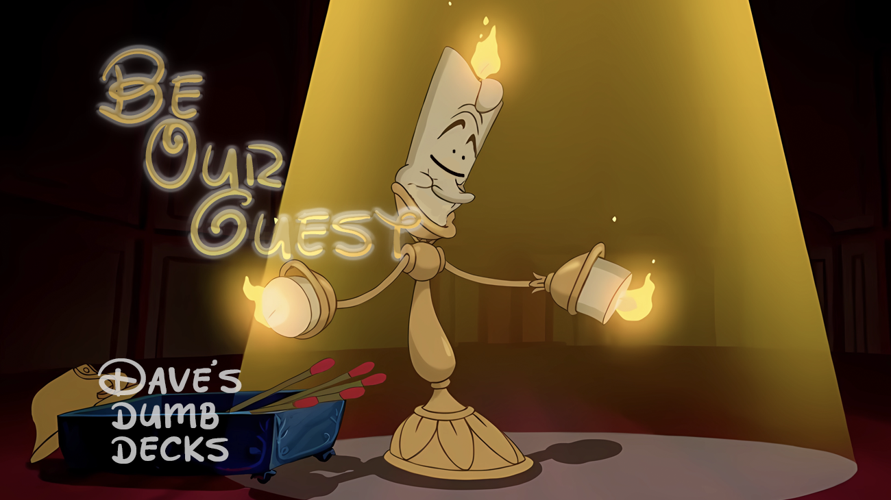 a stylized cartoon candelabra with an emoticon smiley face and text "Be Our Guest".