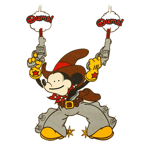 stylized cartoon mouse dressed as a cowboy shooting pistols in the air that say "DUMB!" instead of "bang"