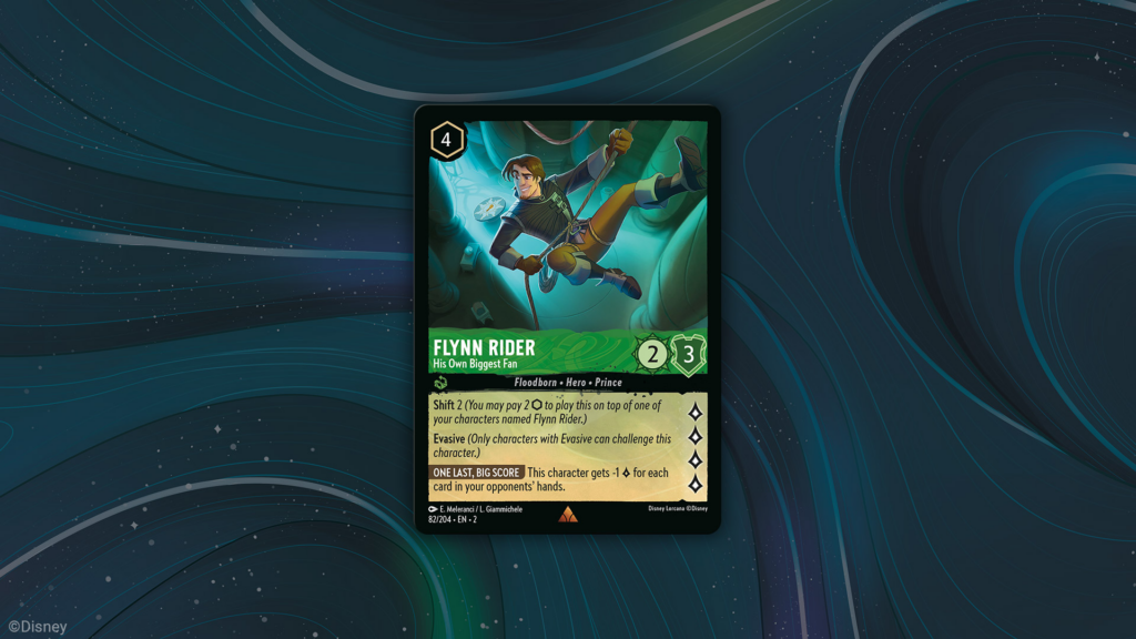 Flynn Rider is spelunking into a cavern, card reads:
Flynn Rider – His Own Biggest Fan 2/3 (4 cost emerald rare, not inkable). Floodborn • Hero • Prince Shift 2. Evasive. This character gets minus 1 lore for each card in your opponents' hands. 4 LORE."