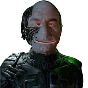 a stylized "cyborg" character from a famous space television show with a smiley face in place of his real face.